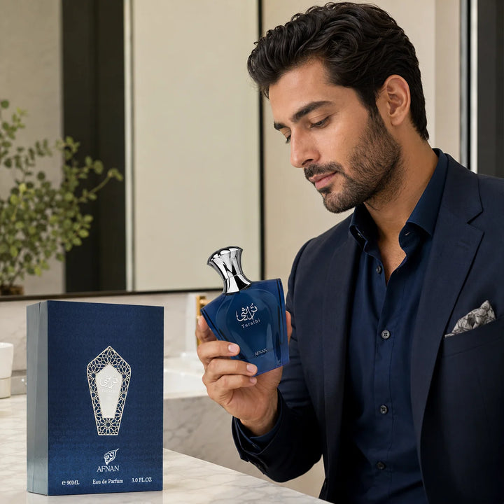 Afnan Turathi Blue Eau de Parfum for Men 3.0 Fl Oz (90ml) – Fresh Citrus Woody Men’s Cologne with Bergamot, Amber, Musk &amp; Spices – Long Lasting Arabian Fragrance