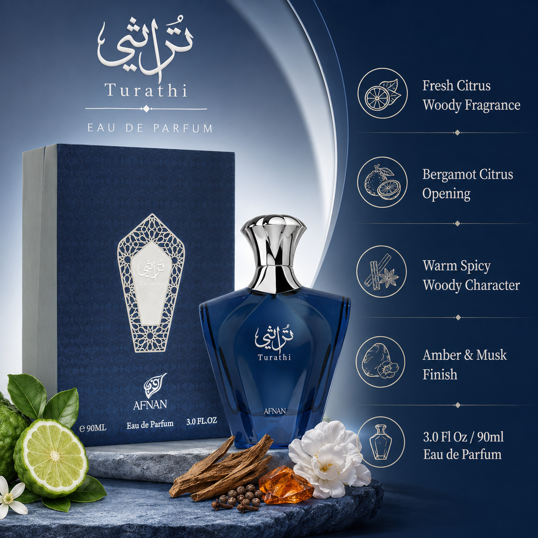 Afnan Turathi Blue Eau de Parfum for Men 3.0 Fl Oz (90ml) – Fresh Citrus Woody Men’s Cologne with Bergamot, Amber, Musk &amp; Spices – Long Lasting Arabian Fragrance