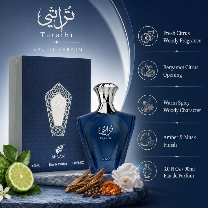 Afnan Turathi Blue Eau de Parfum for Men 3.0 Fl Oz (90ml) – Fresh Citrus Woody Men’s Cologne with Bergamot, Amber, Musk &amp; Spices – Long Lasting Arabian Fragrance