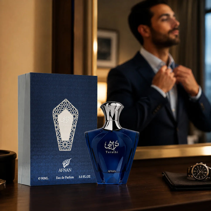 Afnan Turathi Blue Eau de Parfum for Men 3.0 Fl Oz (90ml) – Fresh Citrus Woody Men’s Cologne with Bergamot, Amber, Musk &amp; Spices – Long Lasting Arabian Fragrance