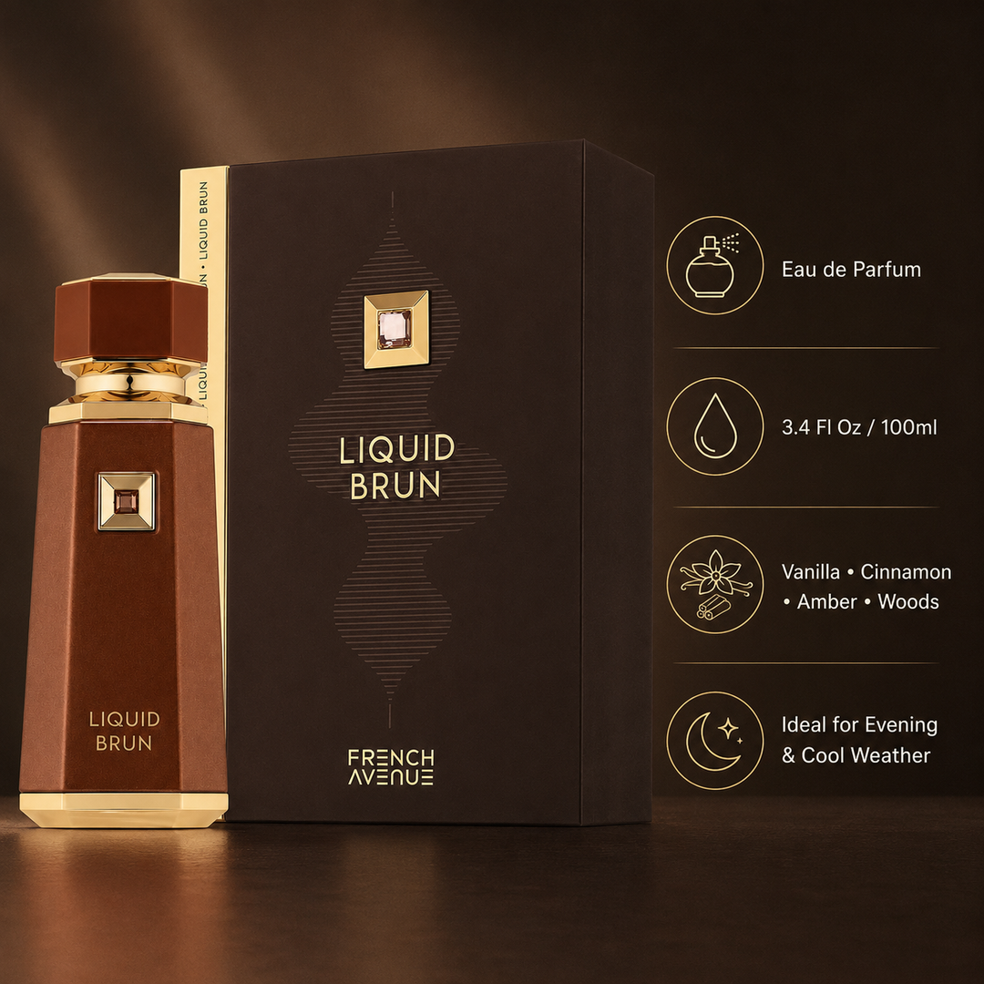 French Avenue Liquid Brun Eau de Parfum 3.4 Fl Oz (100ml) – Warm Vanilla, Cinnamon, Amber &amp; Woody Fragrance – Long-Lasting EDP Spray for Men