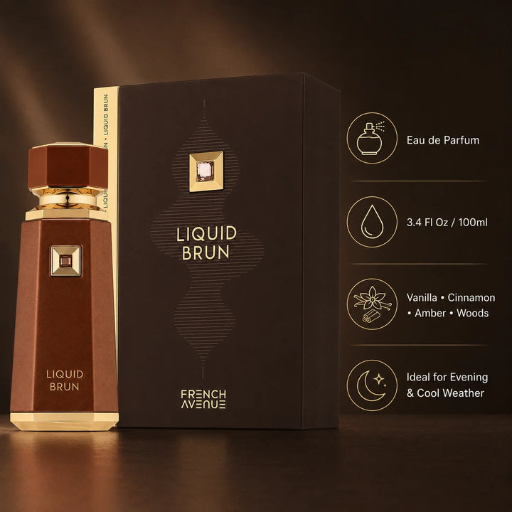 French Avenue Liquid Brun Eau de Parfum 3.4 Fl Oz (100ml) – Warm Vanilla, Cinnamon, Amber &amp; Woody Fragrance – Long-Lasting EDP Spray for Men