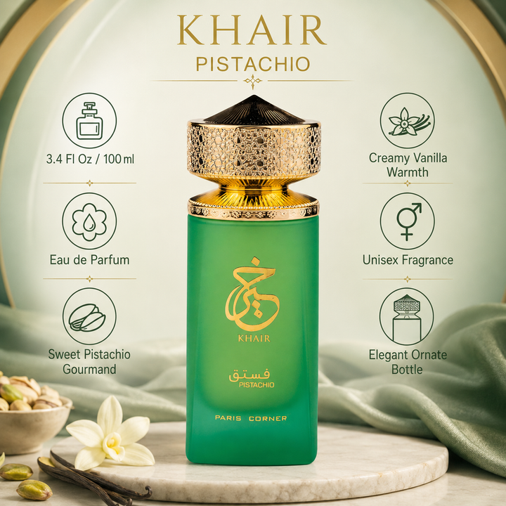 Paris Corner Khair Pistachio Eau de Parfum 3.4 Fl Oz (100ml) – Sweet Pistachio, Vanilla &amp; Creamy Gourmand Fragrance – Long-Lasting EDP Spray for Women and Men