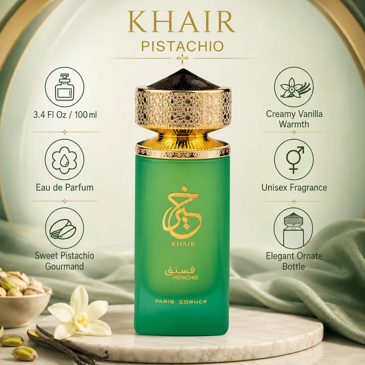 Paris Corner Khair Pistachio Eau de Parfum 3.4 Fl Oz (100ml) – Sweet Pistachio, Vanilla &amp; Creamy Gourmand Fragrance – Long-Lasting EDP Spray for Women and Men