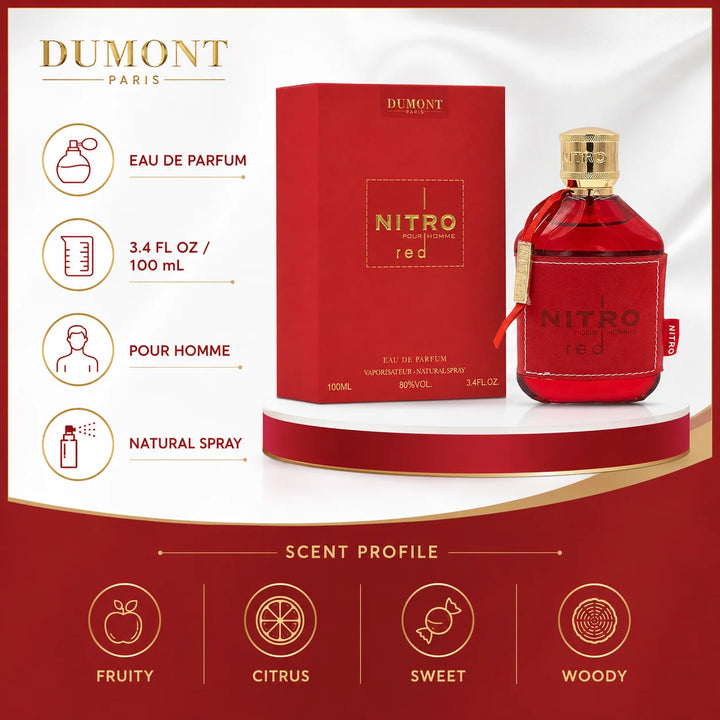 Dumont Nitro Red Pour Homme Eau de Parfum 3.4 Fl Oz (100ml) – Fruity, Citrus, Sweet &amp; Woody Men’s Fragrance – Long-Lasting EDP Natural Spray for Men
