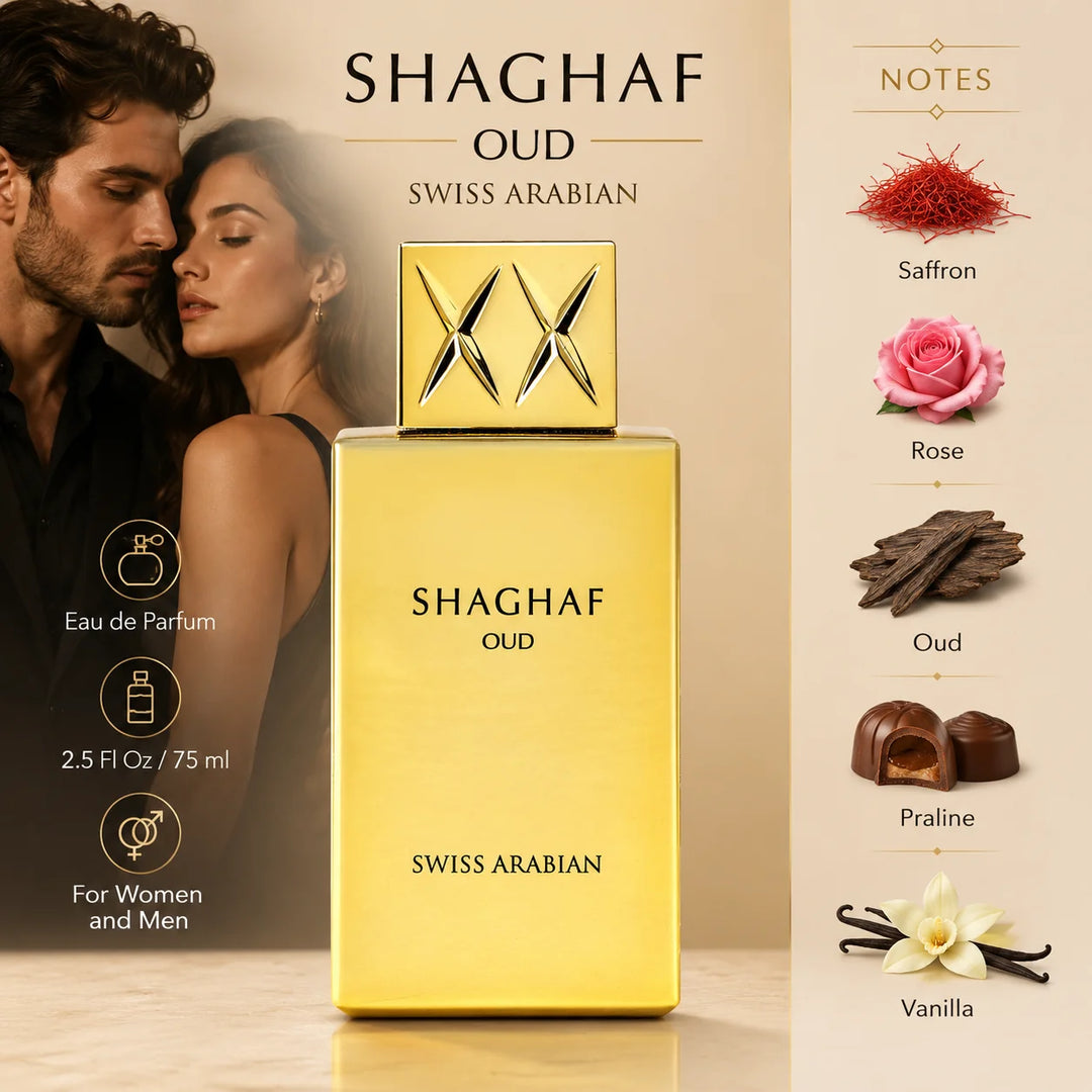 Swiss Arabian Shaghaf Oud Eau de Parfum 2.5 Fl Oz (75ml) – Oud, Saffron, Rose, Praline &amp; Vanilla Fragrance – Warm Oriental Gourmand EDP Spray for Women and Men