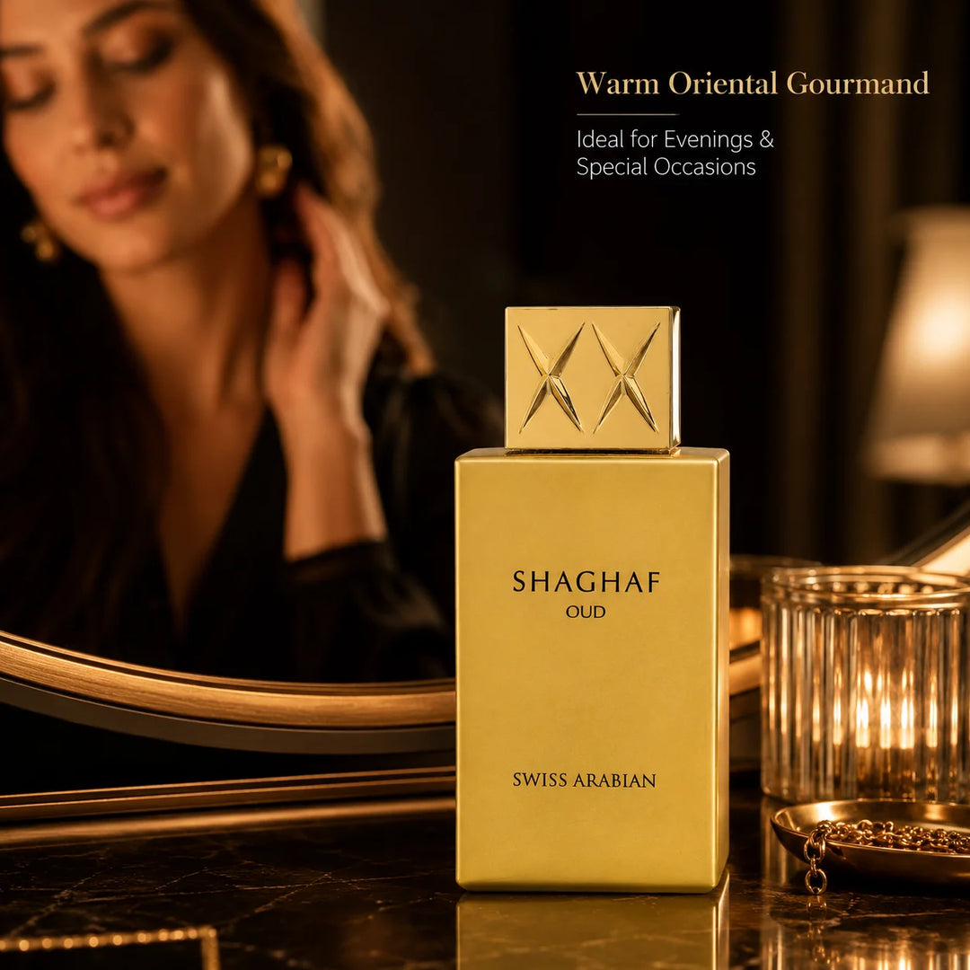 Swiss Arabian Shaghaf Oud Eau de Parfum 2.5 Fl Oz (75ml) – Oud, Saffron, Rose, Praline &amp; Vanilla Fragrance – Warm Oriental Gourmand EDP Spray for Women and Men