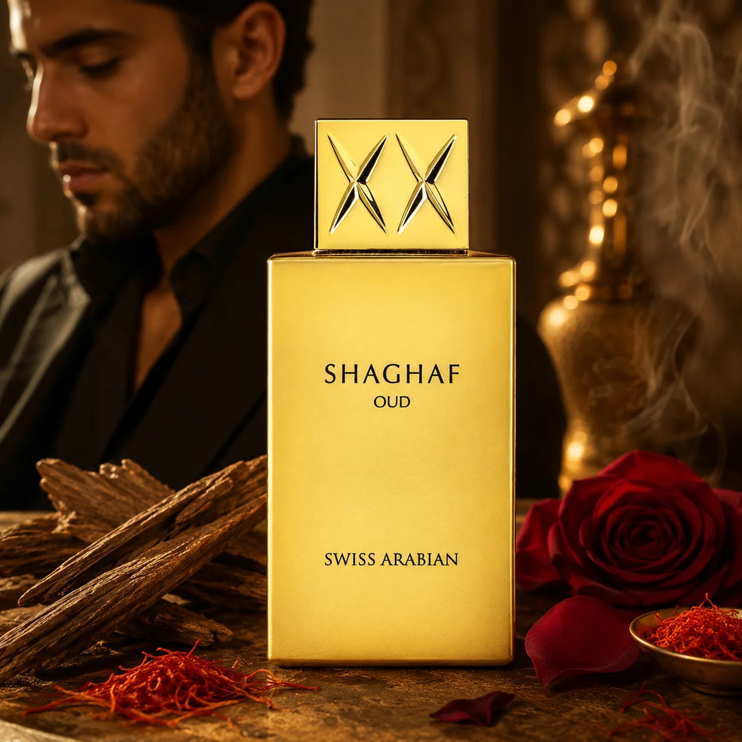 Swiss Arabian Shaghaf Oud Eau de Parfum 2.5 Fl Oz (75ml) – Oud, Saffron, Rose, Praline &amp; Vanilla Fragrance – Warm Oriental Gourmand EDP Spray for Women and Men