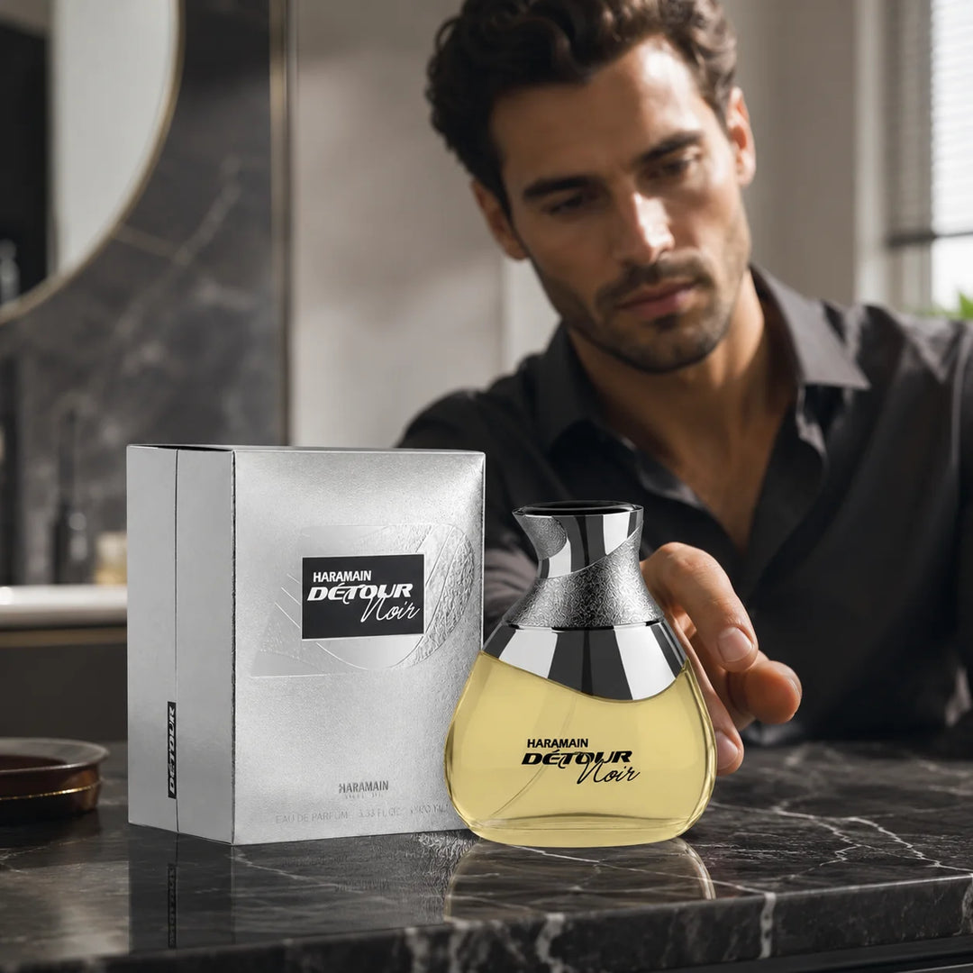 Al Haramain Detour Noir Eau de Parfum 3.33 Fl Oz (100ml) – Aromatic Spicy Vanilla Fragrance for Men – Apple, Lavender, Amber, Vanilla &amp; Woody Notes – Long Lasting EDP Spray