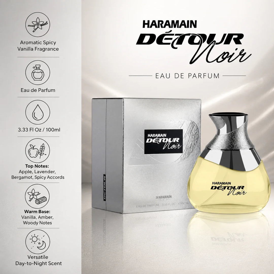 Al Haramain Detour Noir Eau de Parfum 3.33 Fl Oz (100ml) – Aromatic Spicy Vanilla Fragrance for Men – Apple, Lavender, Amber, Vanilla &amp; Woody Notes – Long Lasting EDP Spray