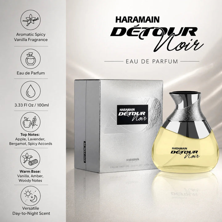 Al Haramain Detour Noir Eau de Parfum 3.33 Fl Oz (100ml) – Aromatic Spicy Vanilla Fragrance for Men – Apple, Lavender, Amber, Vanilla &amp; Woody Notes – Long Lasting EDP Spray