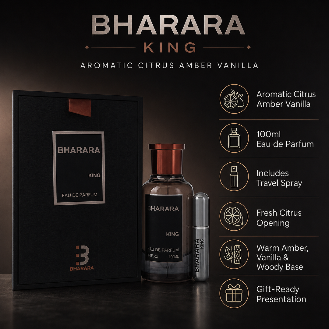 Bharara King Eau de Parfum for Men 3.4 Fl Oz (100ml) with Travel Spray – Aromatic Citrus Amber Vanilla Men’s Fragrance – Long Lasting EDP Cologne Gift Set