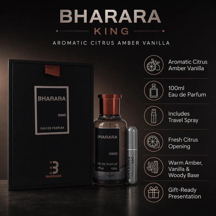 Bharara King Eau de Parfum for Men 3.4 Fl Oz (100ml) with Travel Spray – Aromatic Citrus Amber Vanilla Men’s Fragrance – Long Lasting EDP Cologne Gift Set