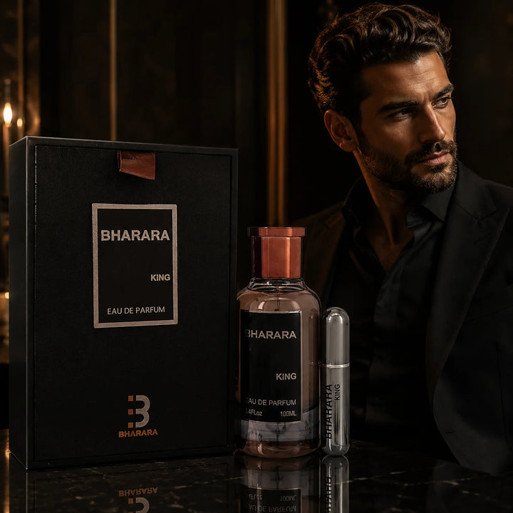 Bharara King Eau de Parfum for Men 3.4 Fl Oz (100ml) with Travel Spray – Aromatic Citrus Amber Vanilla Men’s Fragrance – Long Lasting EDP Cologne Gift Set