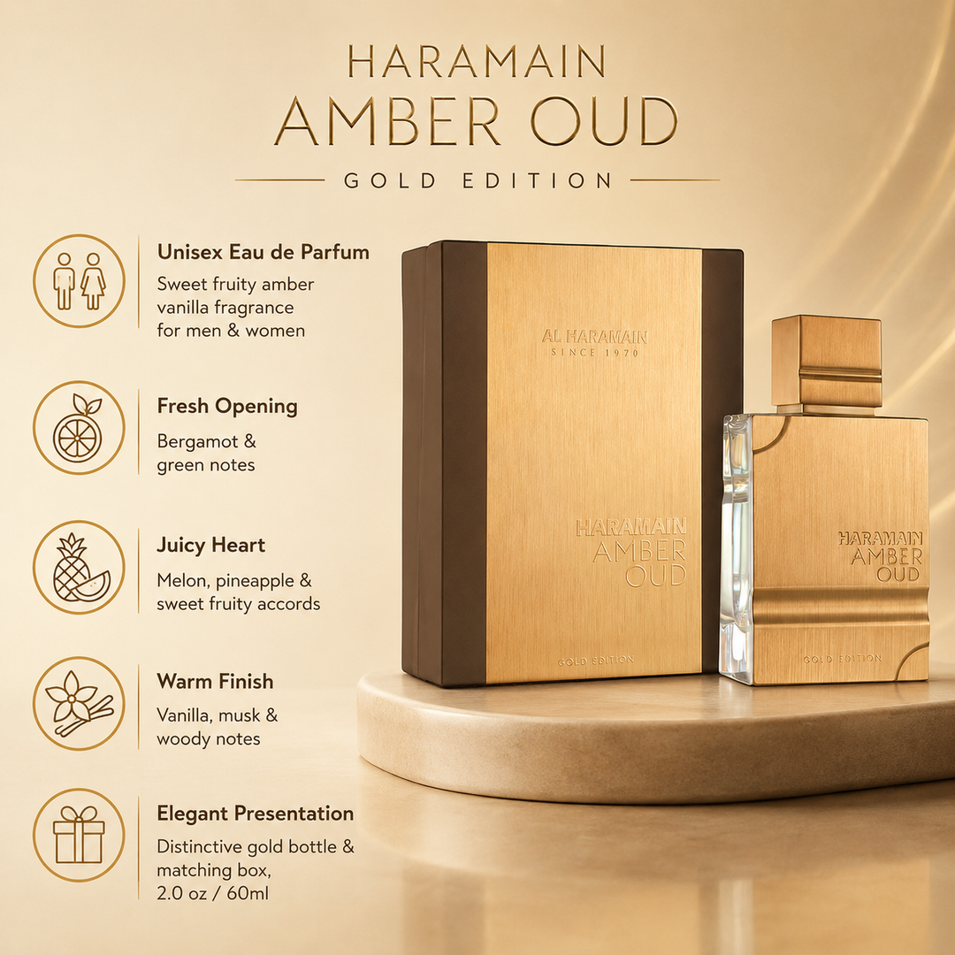 Al Haramain Amber Oud Gold Edition Eau de Parfum Spray – 2.0 oz (60ml) – Sweet Fruity Amber Vanilla Fragrance for Men &amp; Women – Bergamot, Melon, Pineapple, Musk &amp; Woody Notes