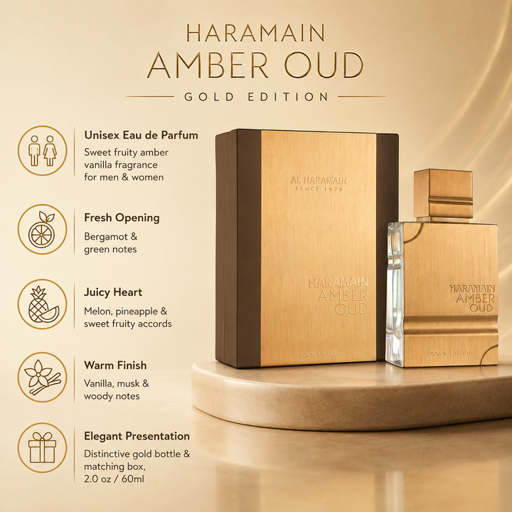 Al Haramain Amber Oud Gold Edition Eau de Parfum Spray – 2.0 oz (60ml) – Sweet Fruity Amber Vanilla Fragrance for Men &amp; Women – Bergamot, Melon, Pineapple, Musk &amp; Woody Notes