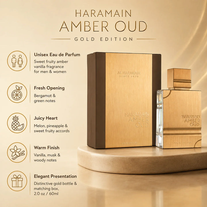 Al Haramain Amber Oud Gold Edition Eau de Parfum Spray – 2.0 oz (60ml) – Sweet Fruity Amber Vanilla Fragrance for Men &amp; Women – Bergamot, Melon, Pineapple, Musk &amp; Woody Notes