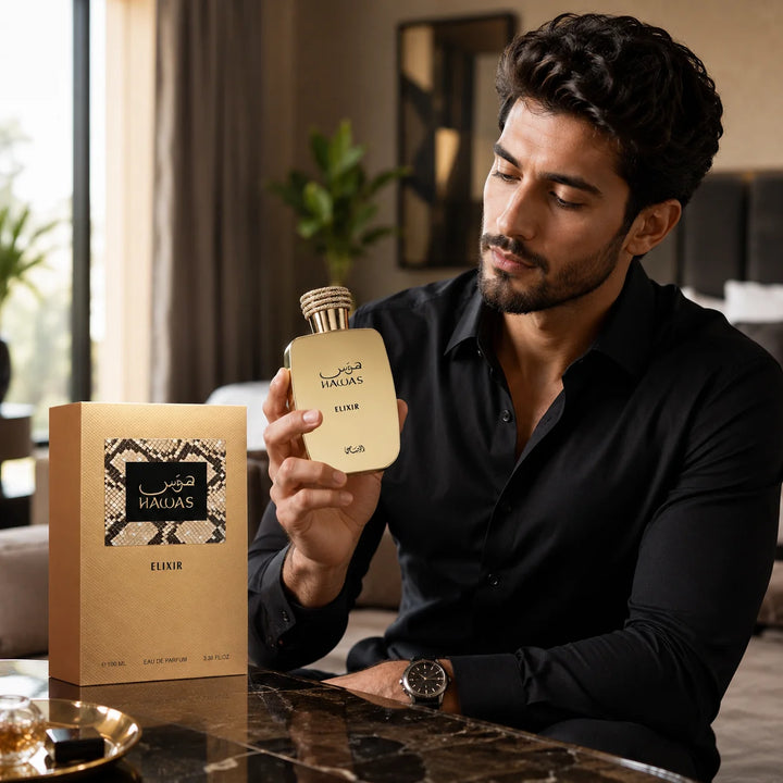 Rasasi Hawas Elixir Eau de Parfum for Men 3.38 Fl Oz (100ml) – Aromatic Sweet Vanilla Fragrance with Mint, Bergamot, Lavender, Chocolate &amp; Tonka Bean – Men’s EDP Spray