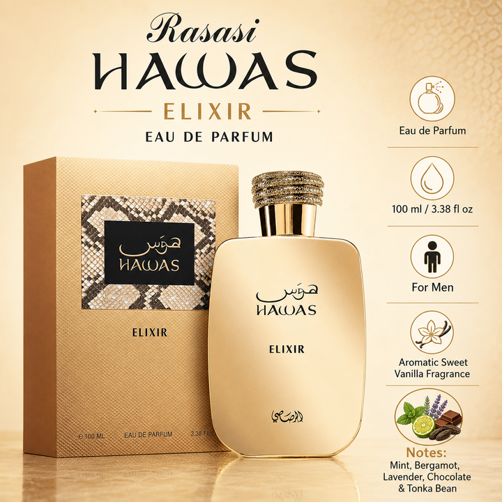 Rasasi Hawas Elixir Eau de Parfum for Men 3.38 Fl Oz (100ml) – Aromatic Sweet Vanilla Fragrance with Mint, Bergamot, Lavender, Chocolate &amp; Tonka Bean – Men’s EDP Spray