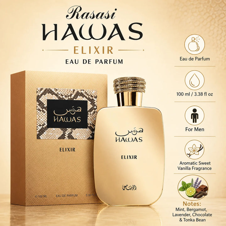Rasasi Hawas Elixir Eau de Parfum for Men 3.38 Fl Oz (100ml) – Aromatic Sweet Vanilla Fragrance with Mint, Bergamot, Lavender, Chocolate &amp; Tonka Bean – Men’s EDP Spray