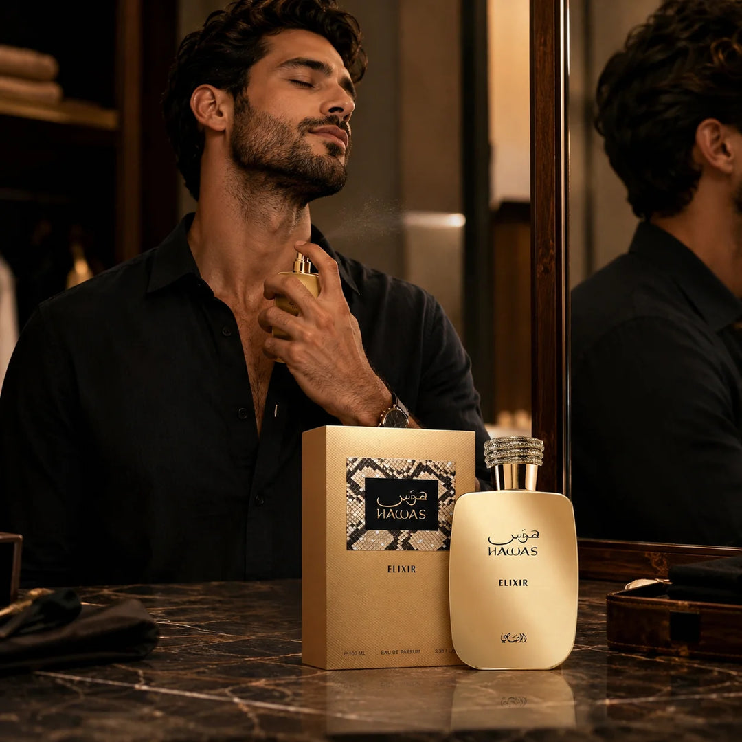 Rasasi Hawas Elixir Eau de Parfum for Men 3.38 Fl Oz (100ml) – Aromatic Sweet Vanilla Fragrance with Mint, Bergamot, Lavender, Chocolate &amp; Tonka Bean – Men’s EDP Spray