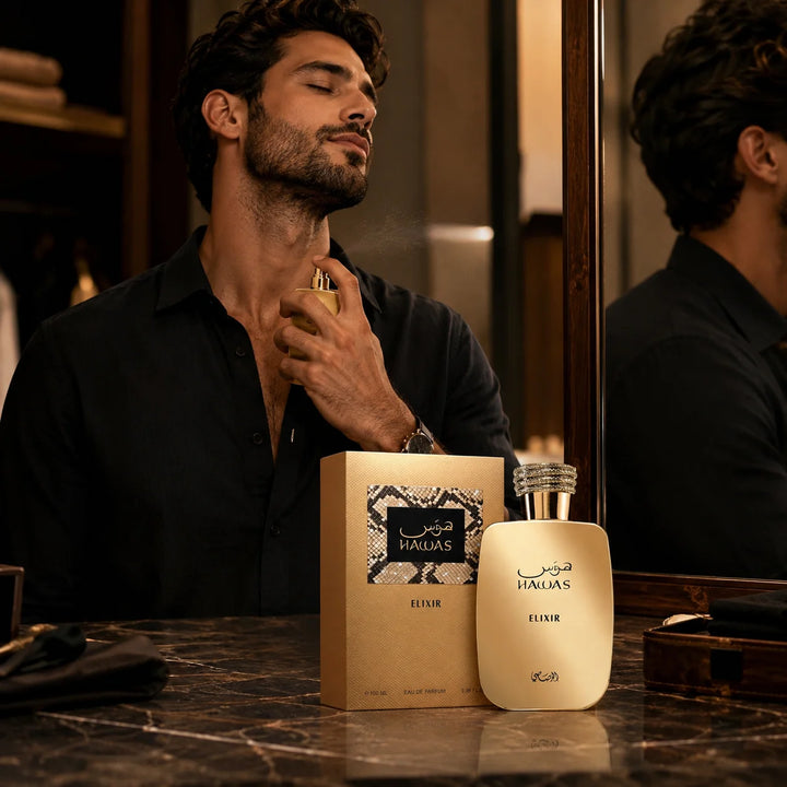 Rasasi Hawas Elixir Eau de Parfum for Men 3.38 Fl Oz (100ml) – Aromatic Sweet Vanilla Fragrance with Mint, Bergamot, Lavender, Chocolate &amp; Tonka Bean – Men’s EDP Spray