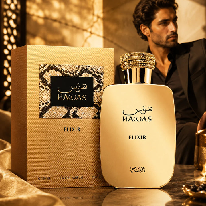 Rasasi Hawas Elixir Eau de Parfum for Men 3.38 Fl Oz (100ml) – Aromatic Sweet Vanilla Fragrance with Mint, Bergamot, Lavender, Chocolate &amp; Tonka Bean – Men’s EDP Spray