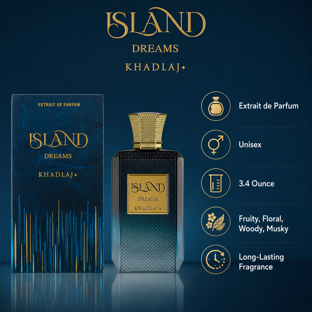 Khadlaj Island Dreams Extrait de Parfum – 3.4 Fl Oz (100ml) – Tropical Fruity Gourmand Fragrance for Men &amp; Women – Coconut, Pineapple, Vanilla &amp; Amber – Long Lasting Unisex Perfume Spray
