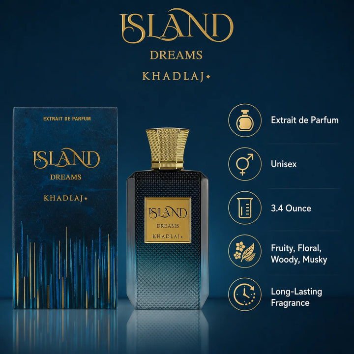 Khadlaj Island Dreams Extrait de Parfum – 3.4 Fl Oz (100ml) – Tropical Fruity Gourmand Fragrance for Men &amp; Women – Coconut, Pineapple, Vanilla &amp; Amber – Long Lasting Unisex Perfume Spray