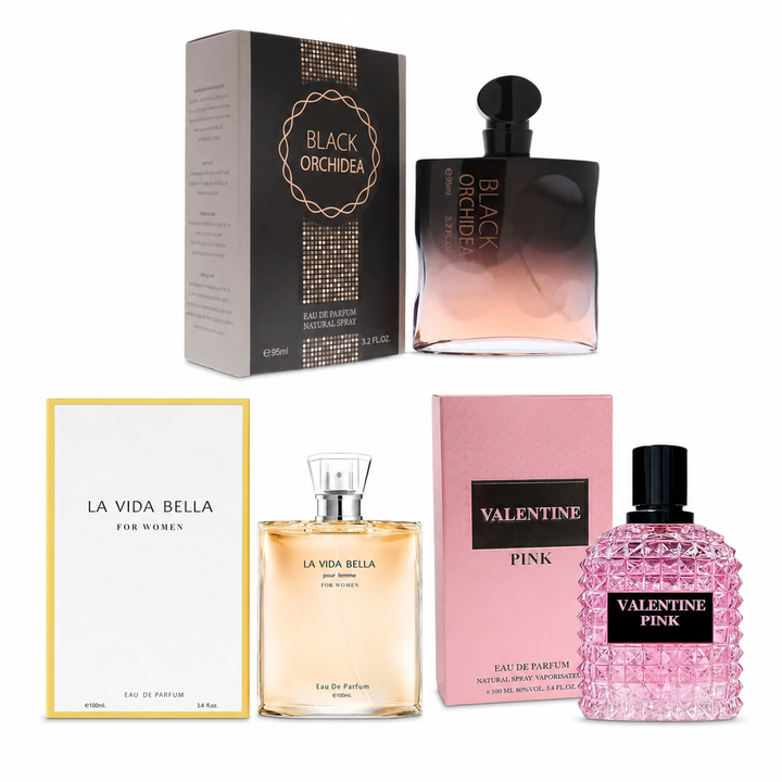 Perfumes for Women – 3 Pack Eau de Parfum Set – Black Orchidea + La Vida Bella + Valentine Pink – Long-Lasting Feminine Scents – 3.2 oz / 3.4 oz Each