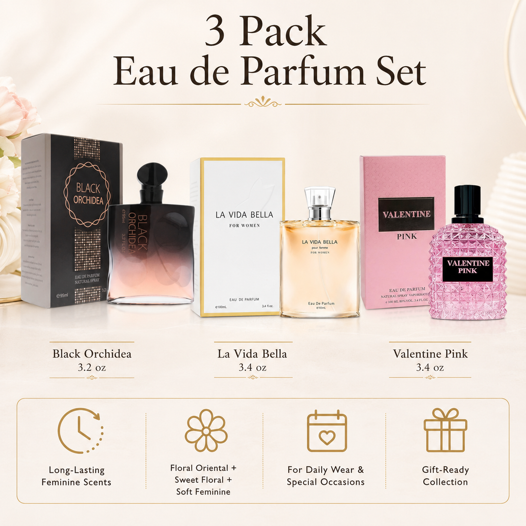 Perfumes for Women – 3 Pack Eau de Parfum Set – Black Orchidea + La Vida Bella + Valentine Pink – Long-Lasting Feminine Scents – 3.2 oz / 3.4 oz Each