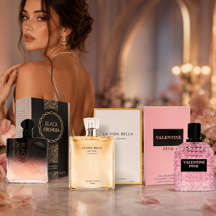 Perfumes for Women – 3 Pack Eau de Parfum Set – Black Orchidea + La Vida Bella + Valentine Pink – Long-Lasting Feminine Scents – 3.2 oz / 3.4 oz Each