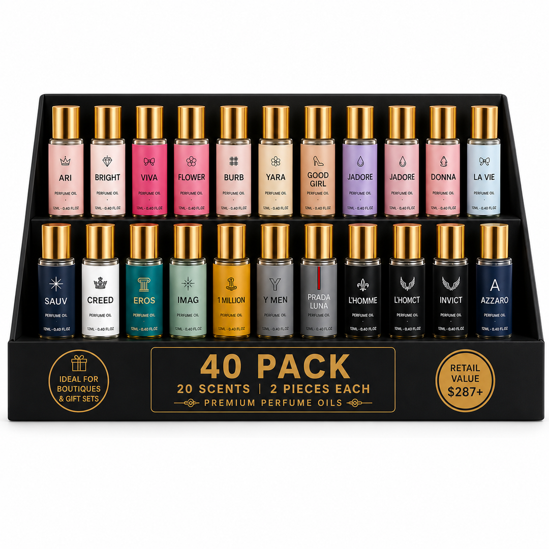 40 Pack Perfume Oil Collection | 20 Bestselling Fragrance-Inspired Scents | 2 Bottles Per Scent | Wholesale Roll-On Perfume Oils for Boutiques