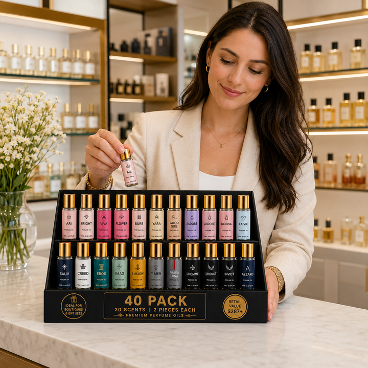 40 Pack Perfume Oil Collection | 20 Bestselling Fragrance-Inspired Scents | 2 Bottles Per Scent | Wholesale Roll-On Perfume Oils for Boutiques