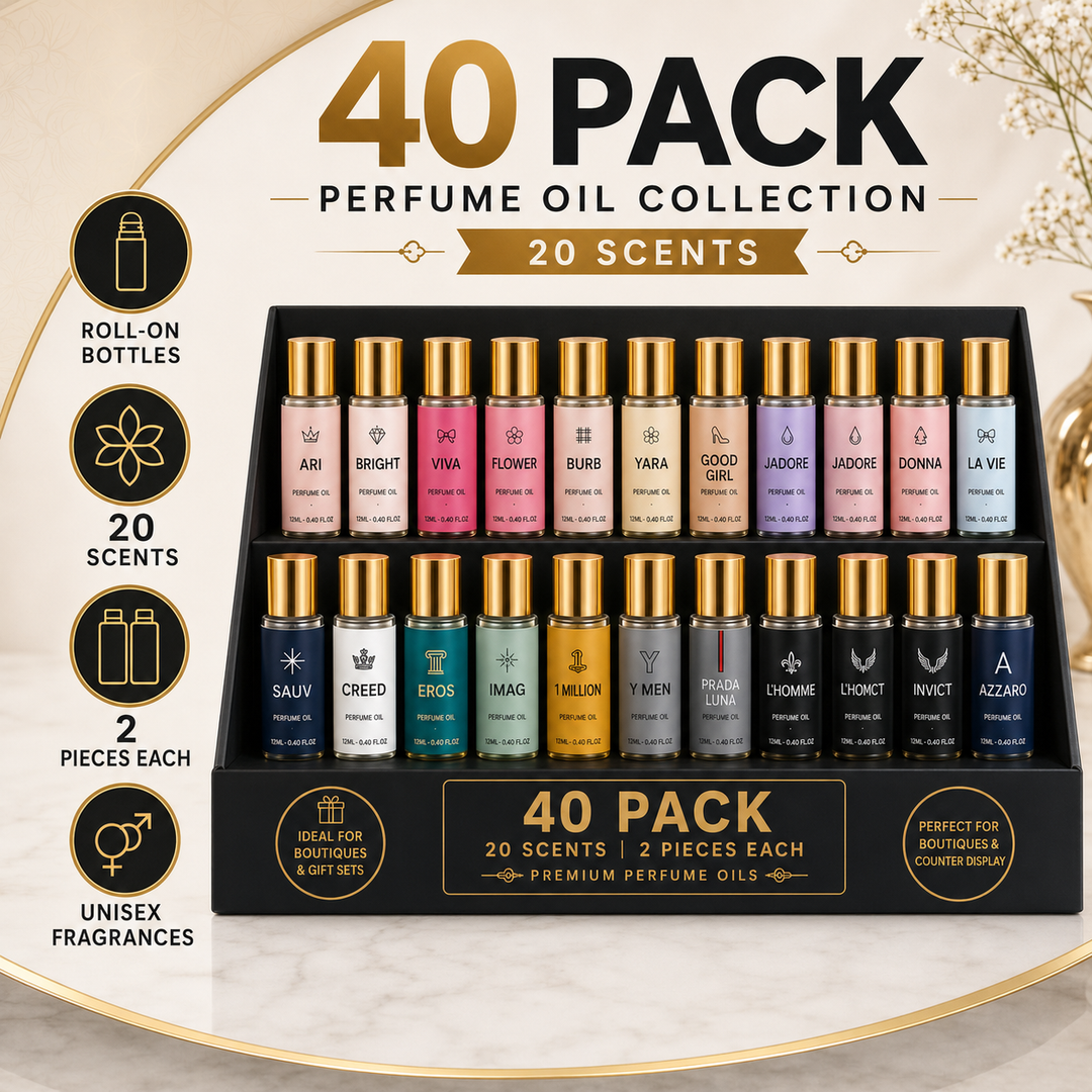 40 Pack Perfume Oil Collection | 20 Bestselling Fragrance-Inspired Scents | 2 Bottles Per Scent | Wholesale Roll-On Perfume Oils for Boutiques