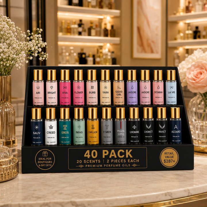 40 Pack Perfume Oil Collection | 20 Bestselling Fragrance-Inspired Scents | 2 Bottles Per Scent | Wholesale Roll-On Perfume Oils for Boutiques