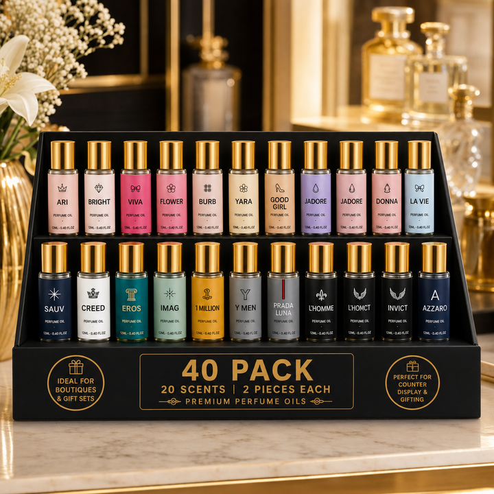 40 Pack Perfume Oil Collection | 20 Bestselling Fragrance-Inspired Scents | 2 Bottles Per Scent | Wholesale Roll-On Perfume Oils for Boutiques