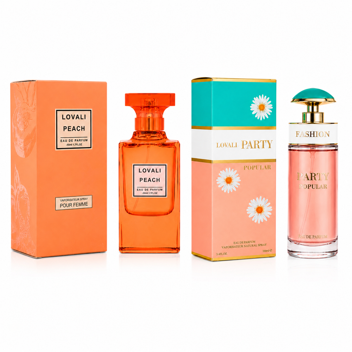 Lovali Peach &amp; Lovali Party Popular Perfume Gift Set for Women – 2 Pack Eau de Parfum Collection – Long Lasting Floral Fruity Sweet Fragrance Spray for Women, Luxury Perfume Gift Set for Her