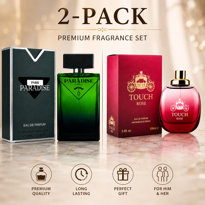 Paradise Park &amp; Touch Rose Perfume Gift Set for Men &amp; Women – 2 Pack Eau de Parfum Fragrance Collection, Long Lasting Woody Fresh &amp; Floral Rose Perfumes, Luxury Fragrance Gift Set, 100ml Each