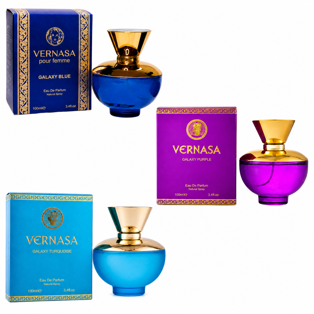 Vernasa Galaxy Collection Perfume Gift Set for Women – Galaxy Blue, Galaxy Purple &amp; Galaxy Turquoise Eau de Parfum 3-Pack, Long Lasting Floral Fruity Fragrance Set, Luxury Women&