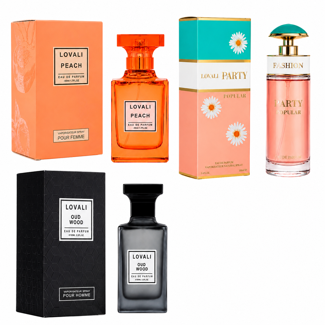 Lovali Luxury Perfume Gift Set for Men &amp; Women – Peach, Party Popular &amp; Oud Wood Eau de Parfum 3-Pack, Long Lasting Fragrance Collection, Floral Fruity &amp; Woody Scent Gift Set, Premium Perfume Bundle