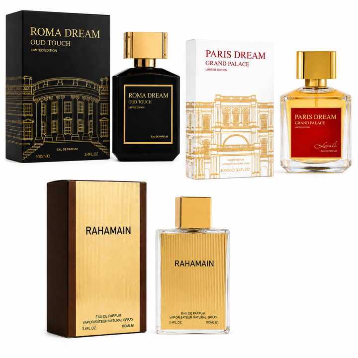 Luxury Perfume Gift Set for Men &amp; Women – Roma Dream Oud Touch, Paris Dream Grand Palace &amp; Rahamain Eau de Parfum 3-Pack, Long Lasting Fragrance Collection, Premium Woody Oriental Perfume Gift Set, 100ml Each