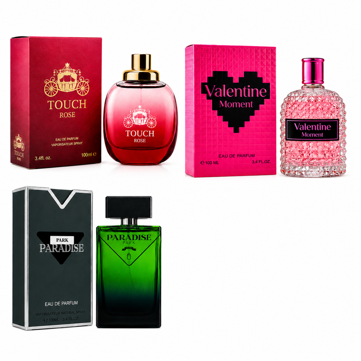 Luxury Perfume Gift Set for Men &amp; Women – Touch Rose, Valentine Moment &amp; Paradise Park Eau de Parfum 3-Pack, Long Lasting Fragrance Collection, Floral Fruity Fresh Perfume Bundle, Premium Gift Set 100ml Each