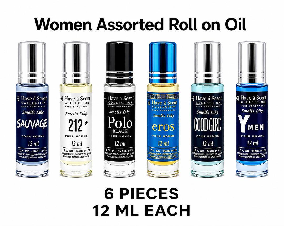 Assorted Roll-On Perfume Oil Gift Set – 6 x 12ml Fragrance Oils | Sauvage, 212, Polo Black, Eros, Good Girl &amp; Y Men | Long-Lasting | Wholesale