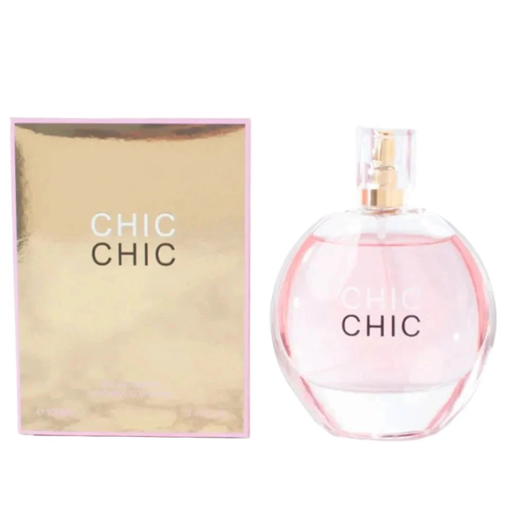Chic Chic 100ml Eau de Parfum in a clear rounded glass bottle with a gold cap next to its elegant gold retail box.