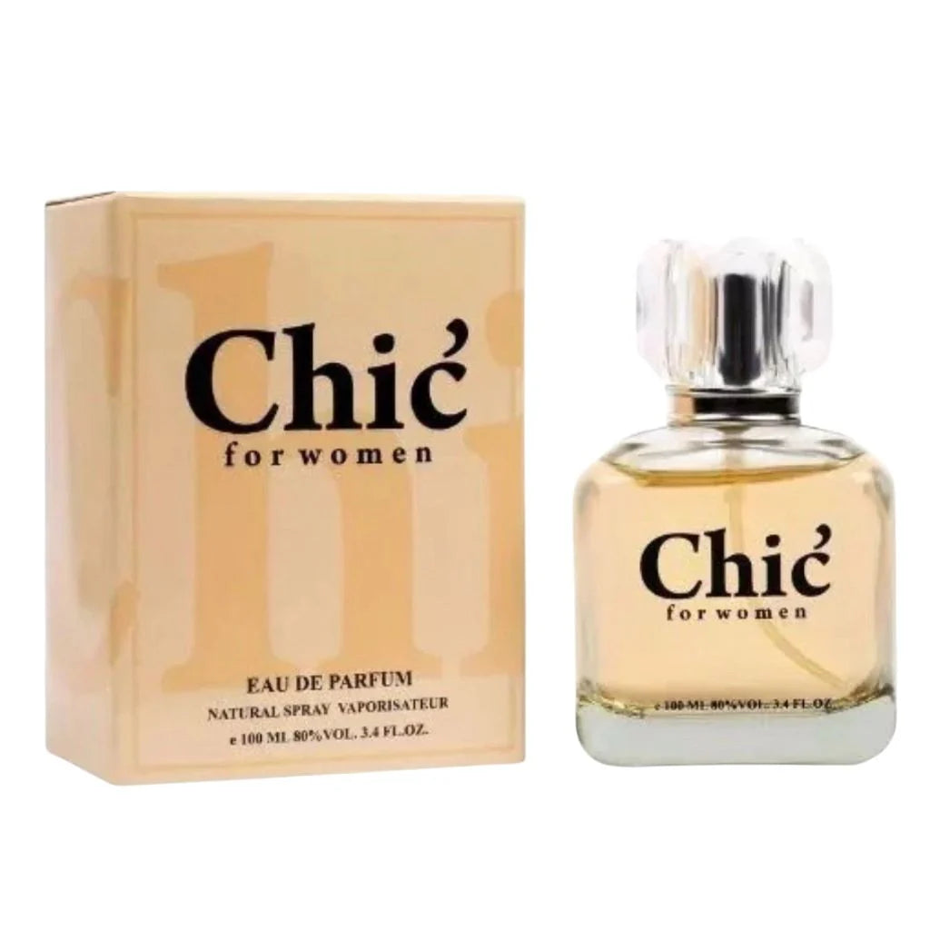 Chic for Women 100ml Eau de Parfum in a clear rounded glass bottle next to its elegant tan minimalist box.