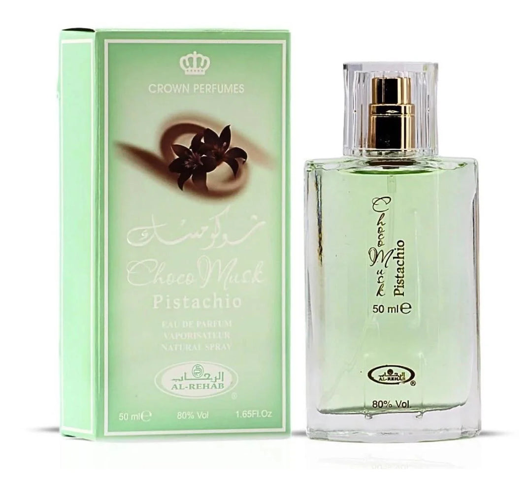 Choco Musk Pistachio Eau De Parfum 50 ml clear glass bottle with light green juice next to its soft green retail box.