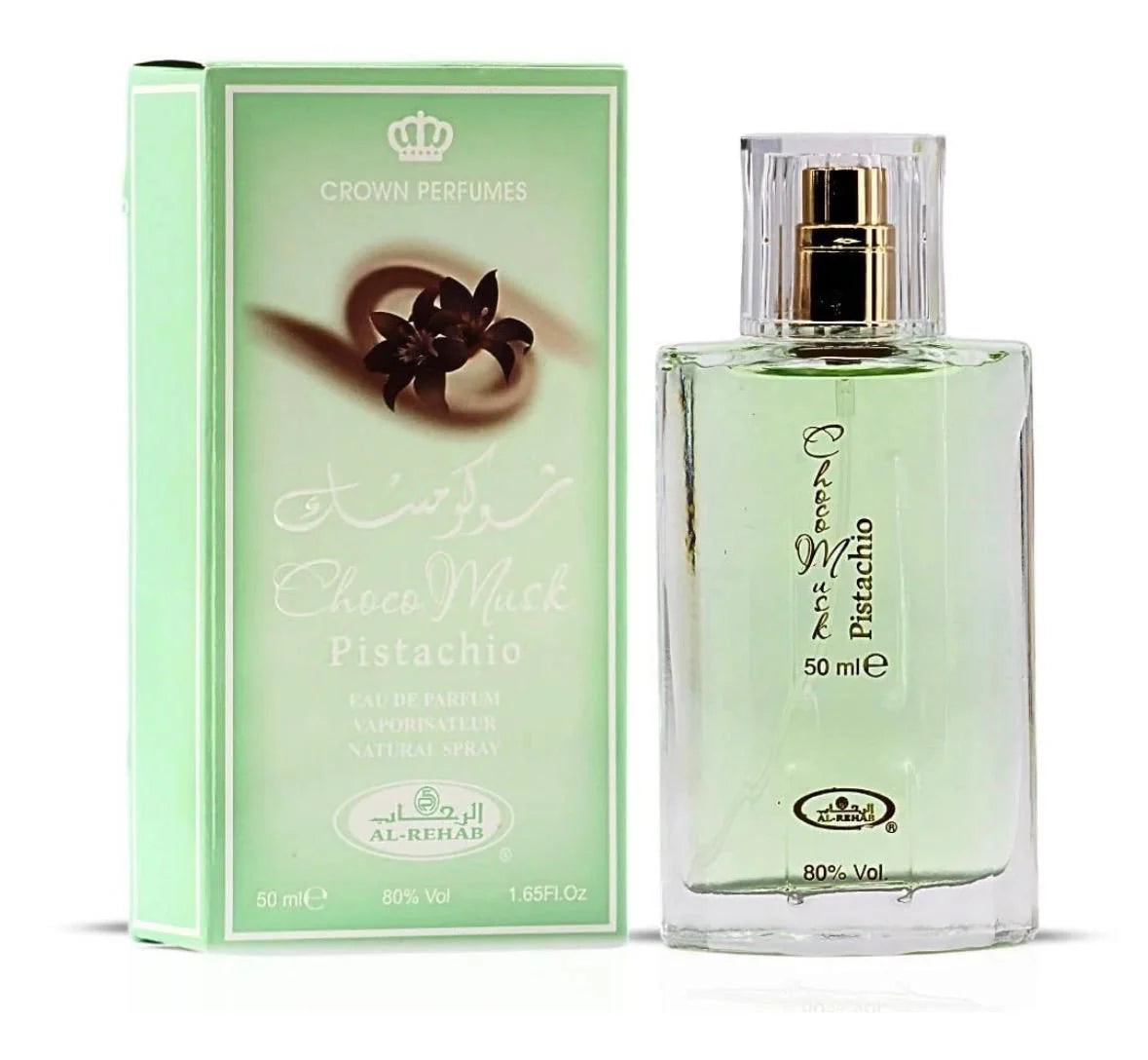 Choco Musk Pistachio Eau De Parfum 50 ml clear glass bottle with light green juice next to its soft green retail box.