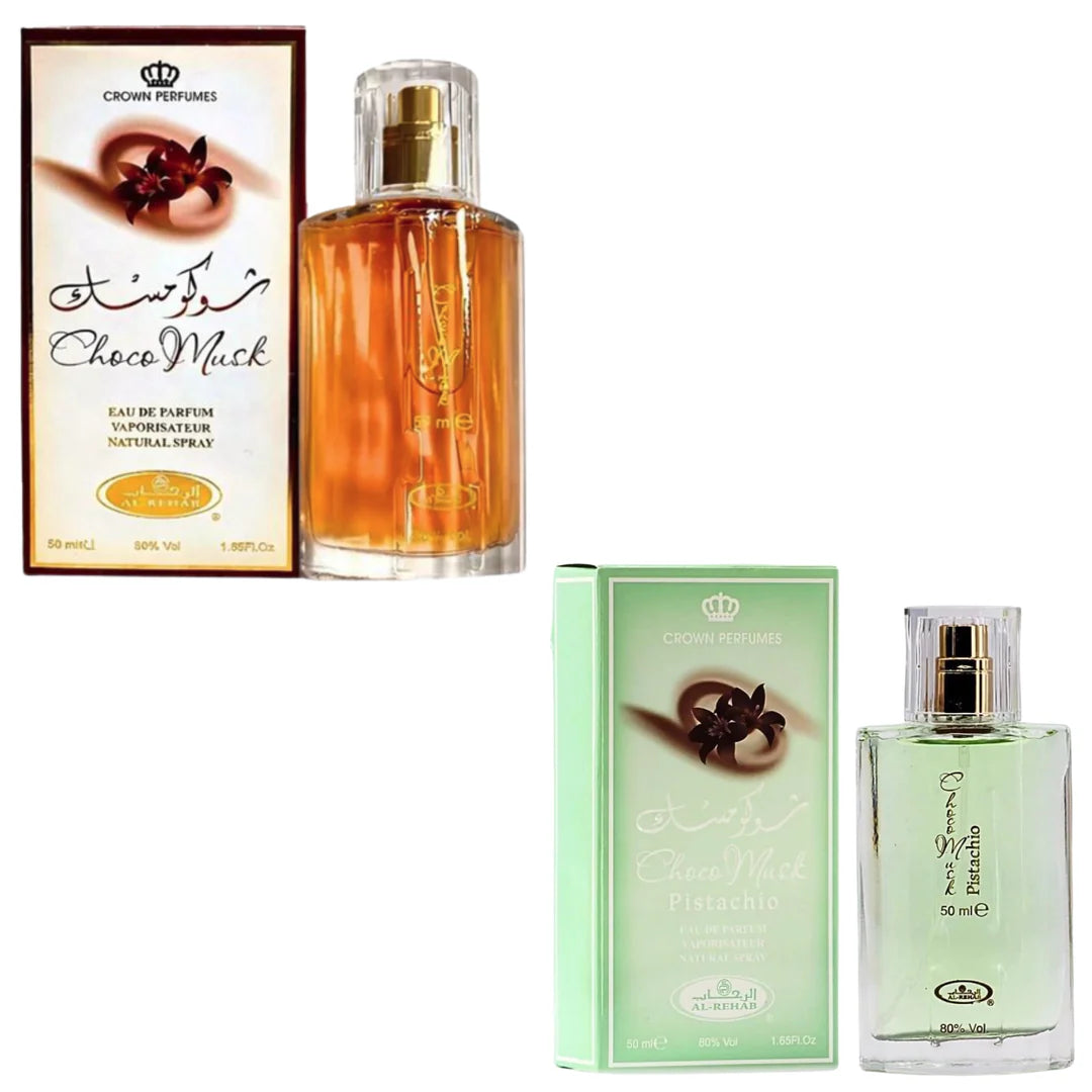 Choco Musk and Pistachio Eau De Parfum 2-piece set showing the amber chocolate bottle and green pistachio bottle next to their retail boxes.