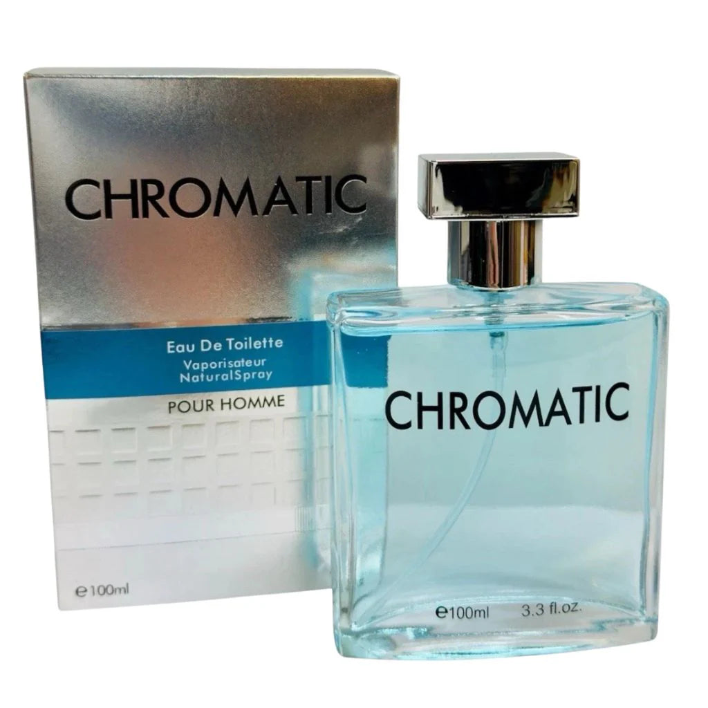 Chromatic for Men 100ml EDT bottle with clear glass and silver retail box featuring citrus and woody fragrance notes.
